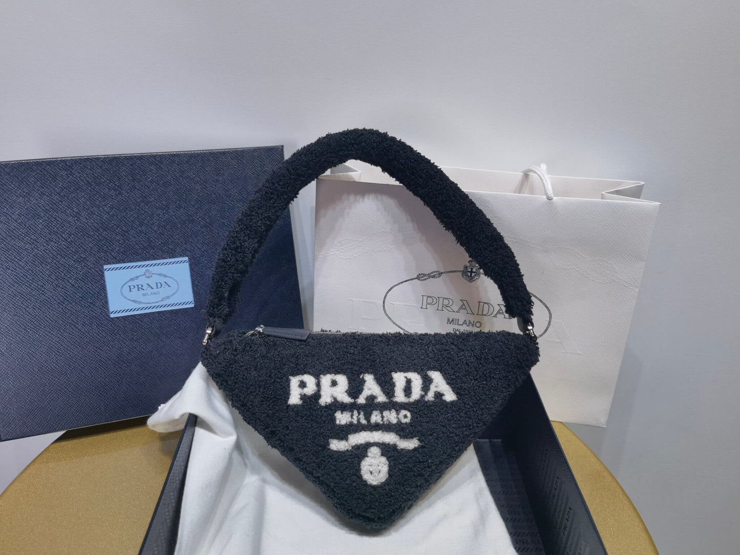 PRA 1NE043 Black New terry fabric armpit bag Subaxillary bag clutch bag