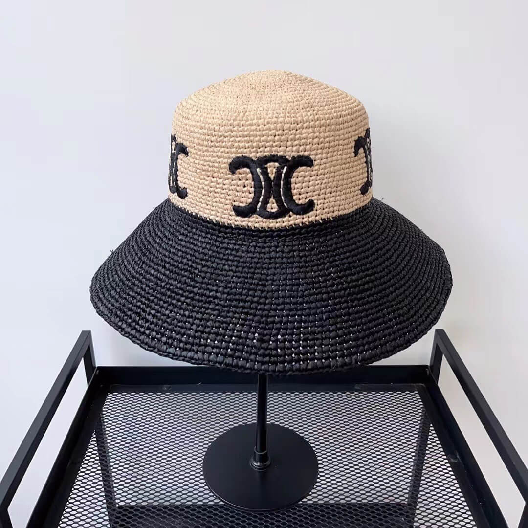 Hat 23rd Celine Spring/Summer Triumphal Arch Embroidery Collared Lafite Straw Fisherman Hat MZ13168A26