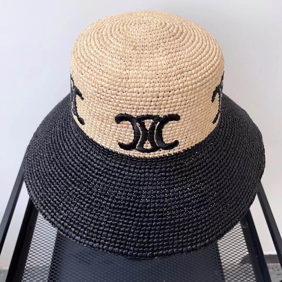 Hat 23rd Celine Spring/Summer Triumphal Arch Embroidery Collared Lafite Straw Fisherman Hat MZ13168A26