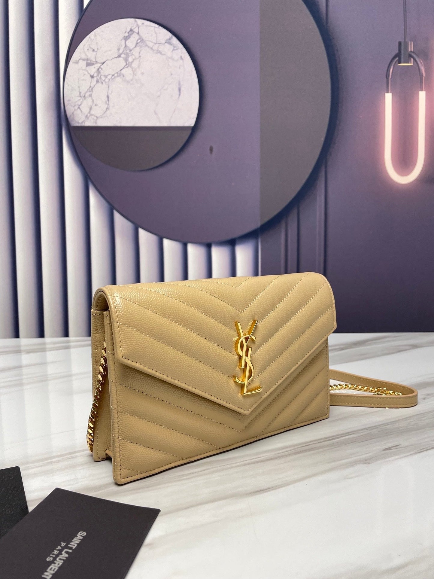 Saint Laurent APRICOT GOLD HARDWARE ENVELOPE SMALL BAG IN MIX MATELASSÉ GRAIN DE POUDRE EMBOSSED LEATHER 393953