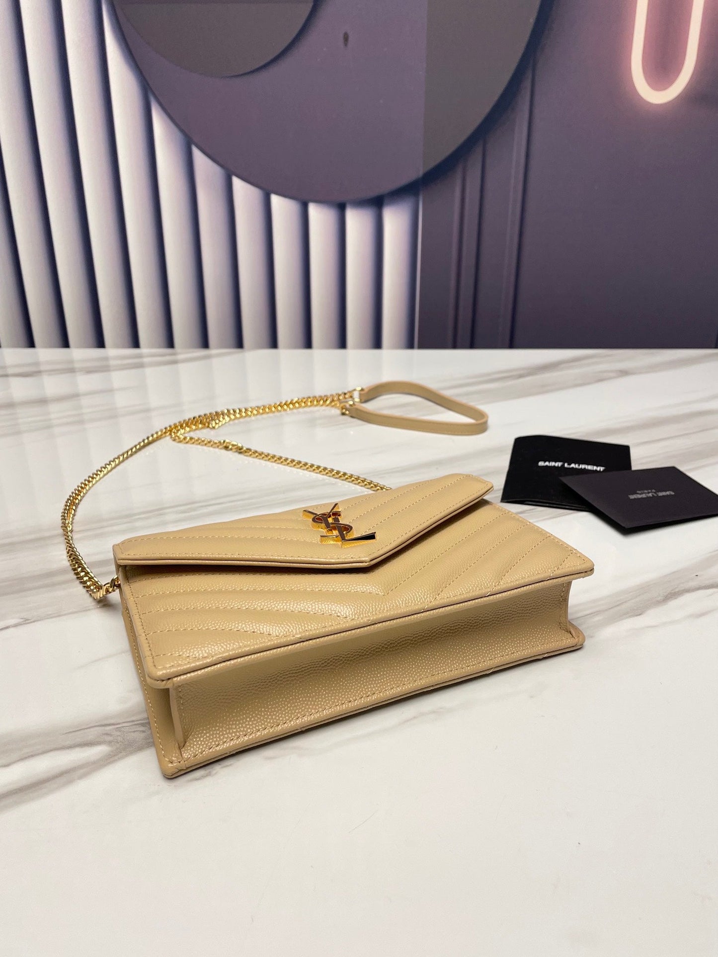 Saint Laurent APRICOT GOLD HARDWARE ENVELOPE SMALL BAG IN MIX MATELASSÉ GRAIN DE POUDRE EMBOSSED LEATHER 393953