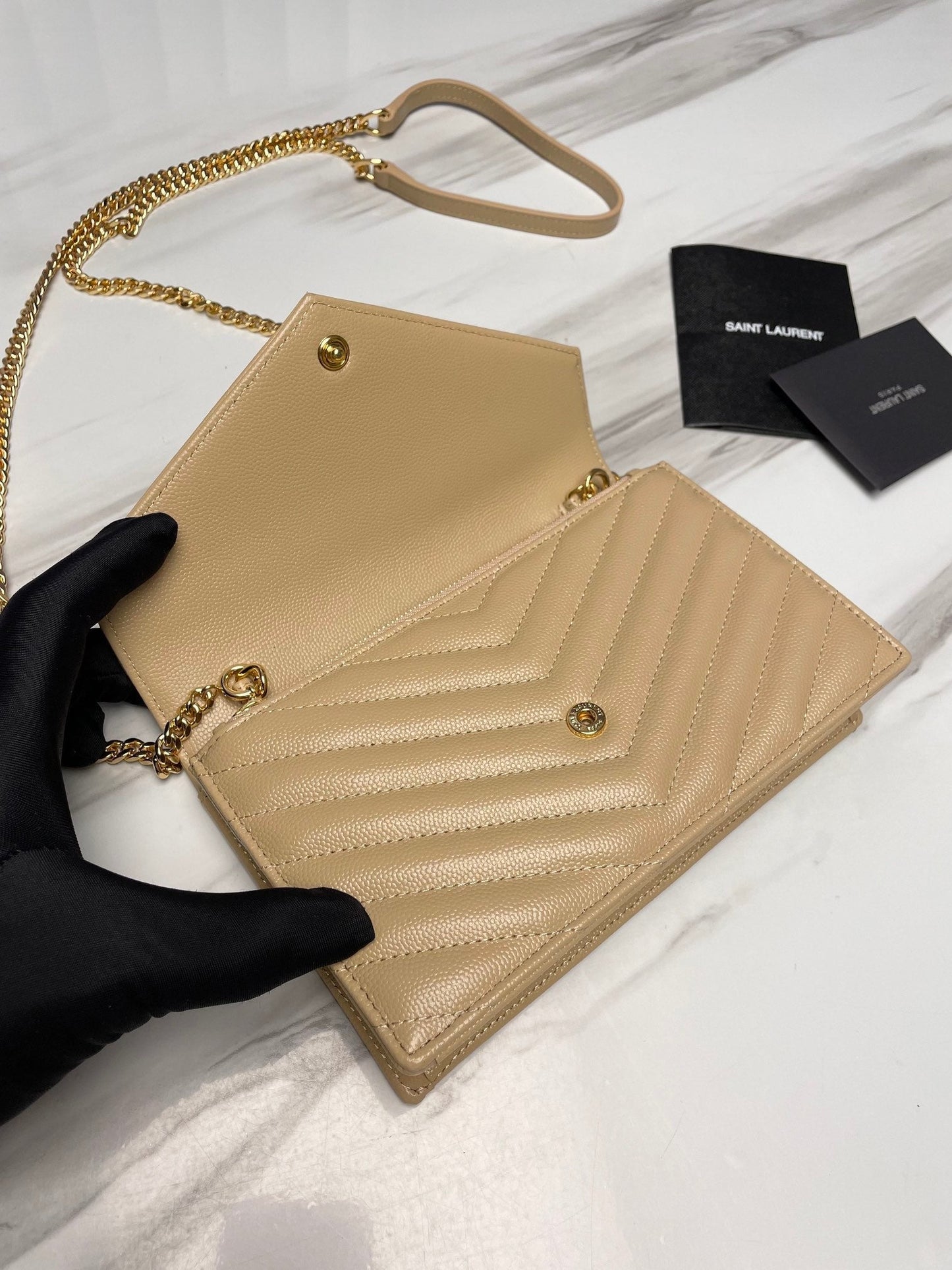 Saint Laurent APRICOT GOLD HARDWARE ENVELOPE SMALL BAG IN MIX MATELASSÉ GRAIN DE POUDRE EMBOSSED LEATHER 393953