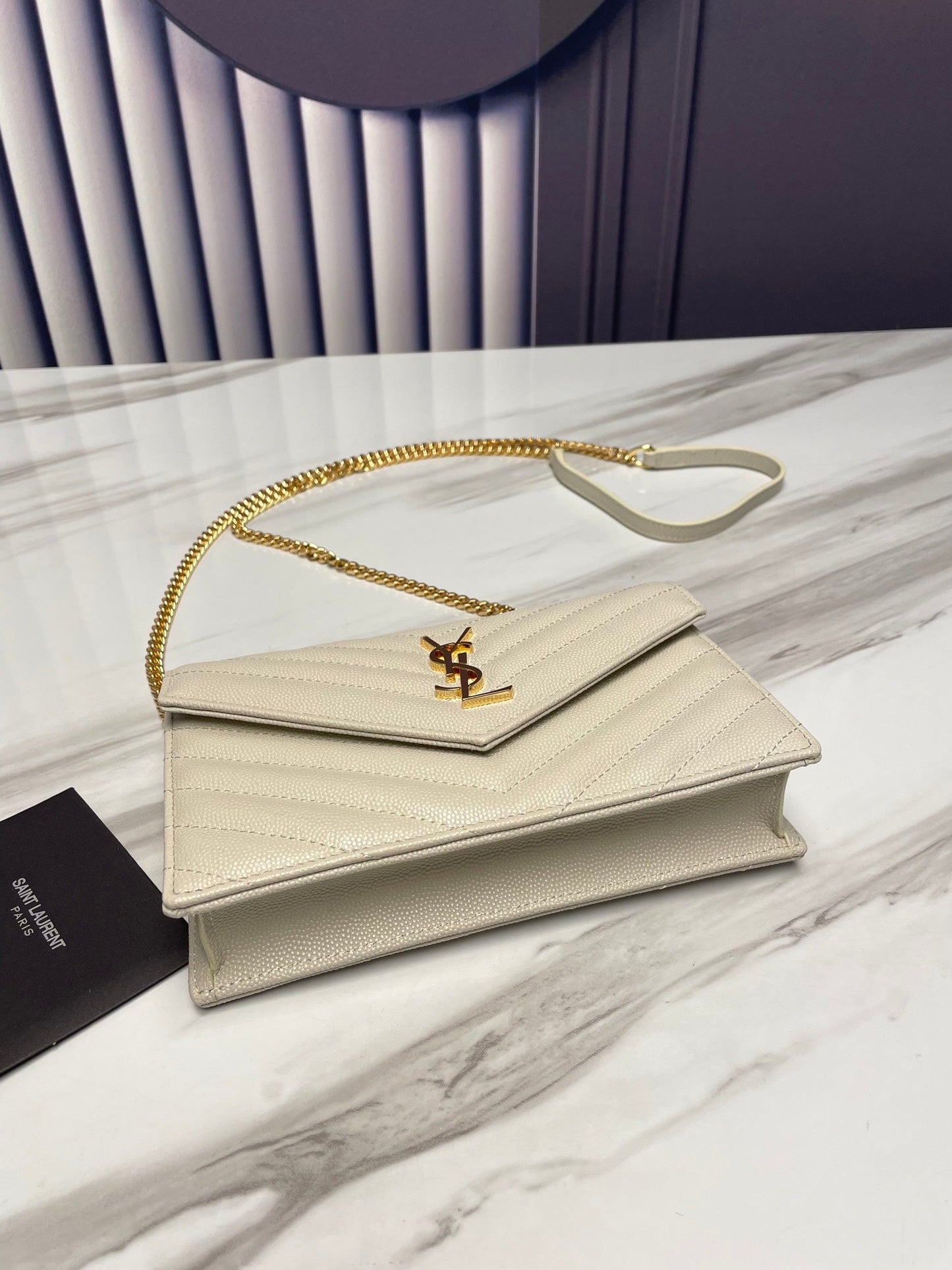 YSL WHITE GOLD HARDWARE ENVELOPE SMALL BAG IN MIX MATELASSÉ GRAIN DE POUDRE EMBOSSED LEATHER 393953