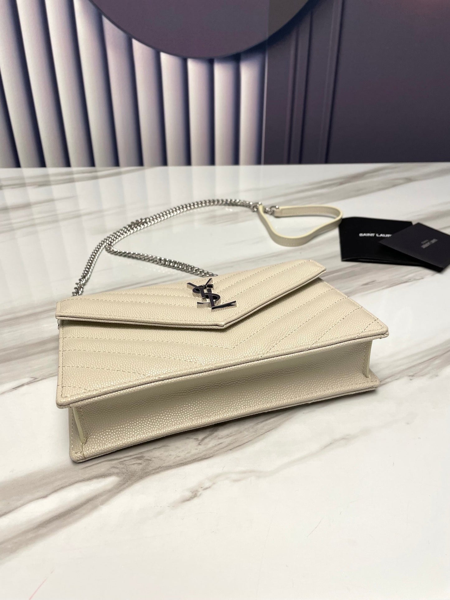 YSL WHITE SILVER HARDWARE ENVELOPE SMALL BAG IN MIX MATELASSÉ GRAIN DE POUDRE EMBOSSED LEATHER 393953