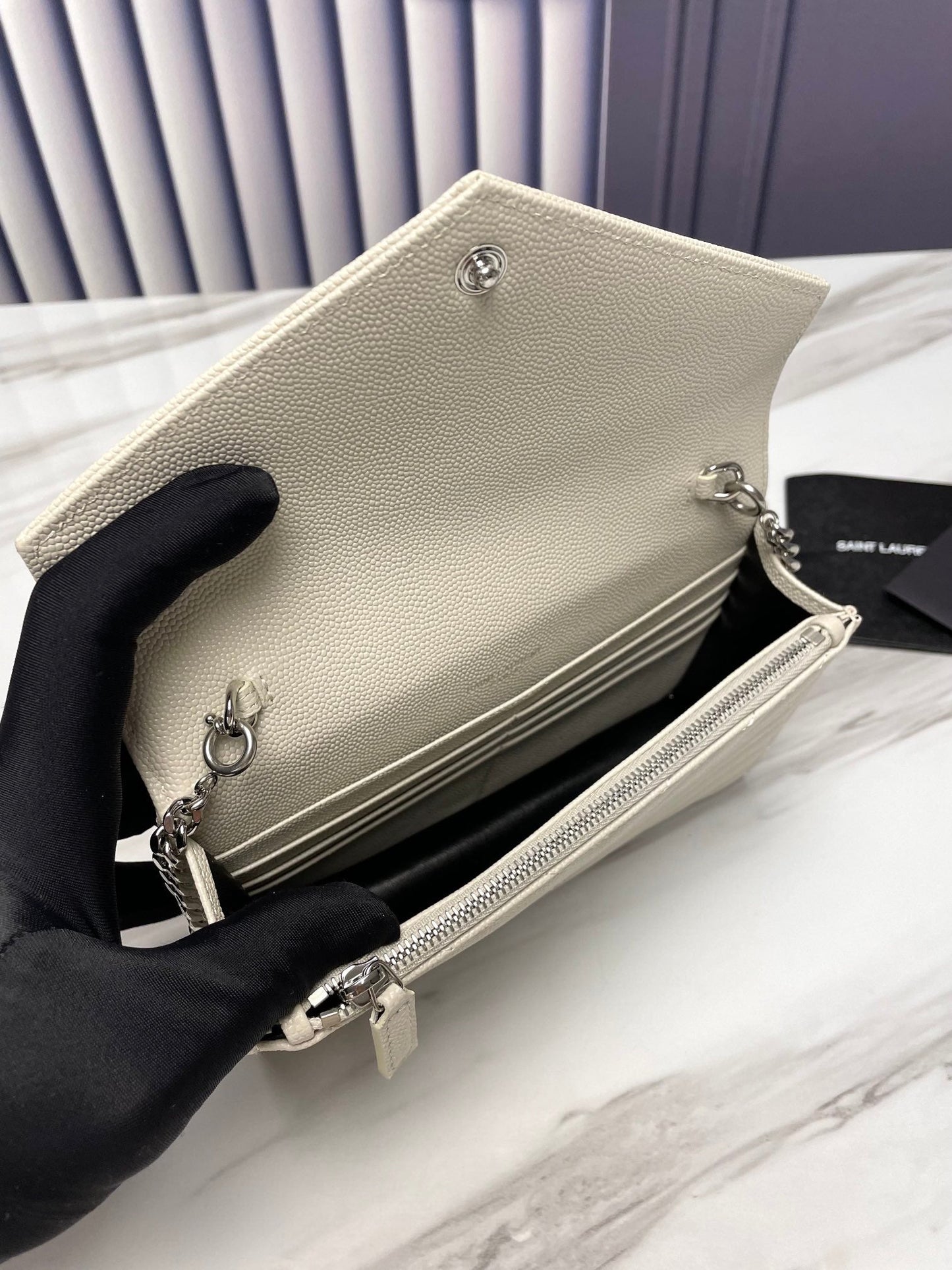 YSL WHITE SILVER HARDWARE ENVELOPE SMALL BAG IN MIX MATELASSÉ GRAIN DE POUDRE EMBOSSED LEATHER 393953