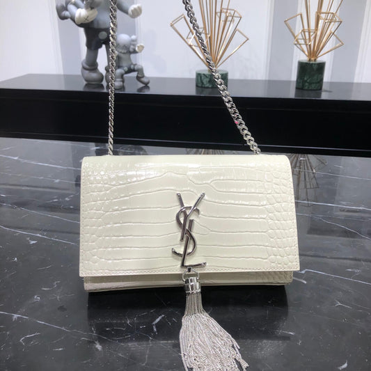 YS-L cross body chain sling bags WHITE crocodile texture calfskin magnetic buckle silver 474366