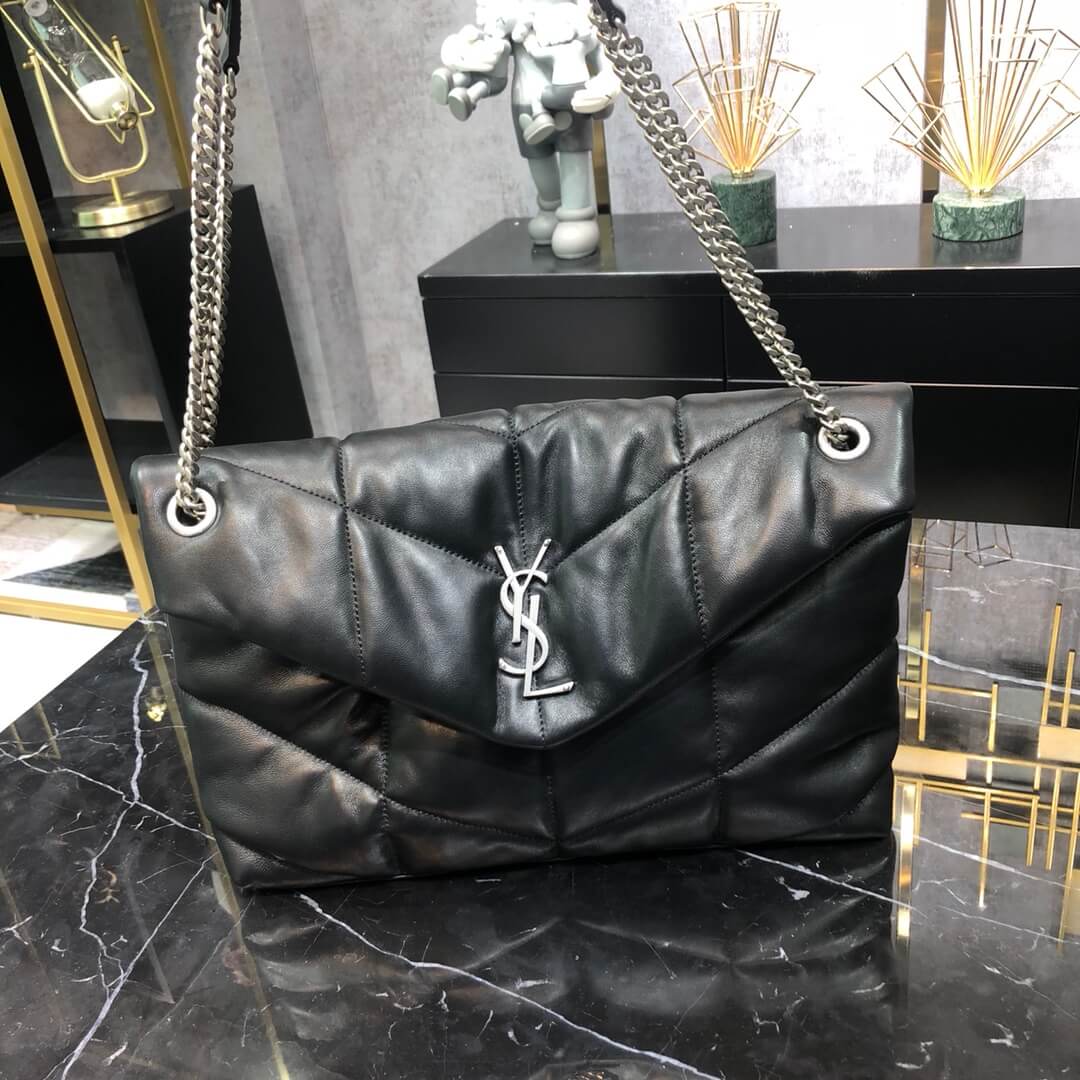 YSL 577475 LOULOU PUFFER calfskin black Silver hardware 35cm