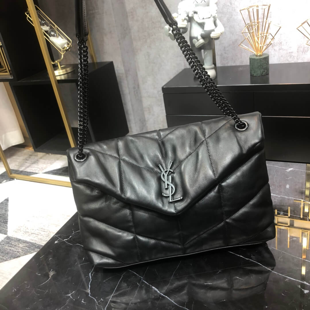 YSL 577475 LOULOU PUFFER calfskin black Silver hardware 35cm