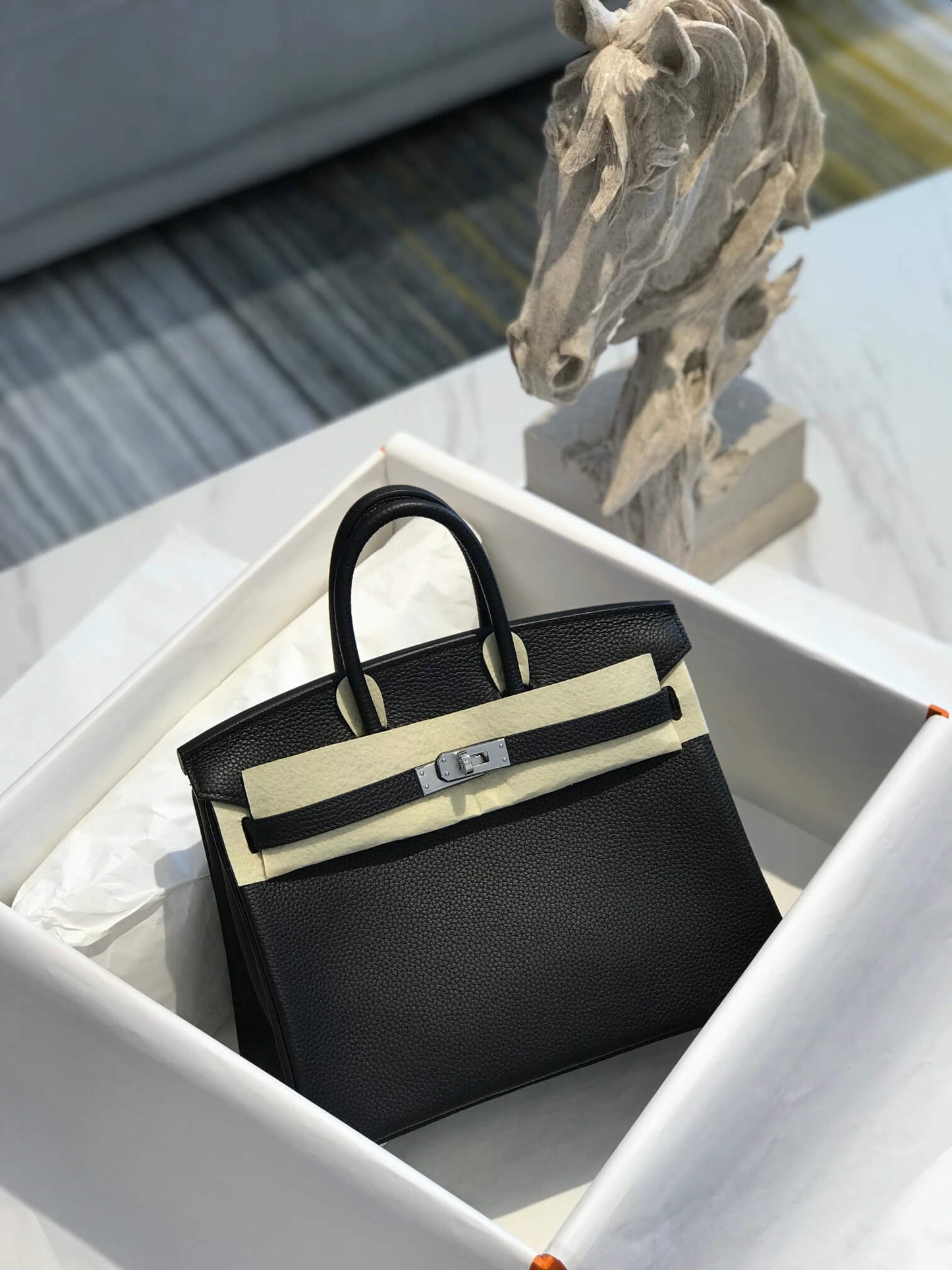 HM Birkin bag 25 togo leather black SILVER/gold hardware cotton thread