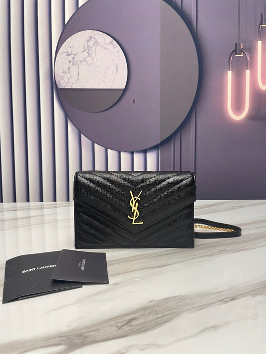 YSL BLACK GOLD HARDWARE ENVELOPE SMALL BAG IN MIX MATELASSÉ GRAIN DE POUDRE EMBOSSED LEATHER 393953