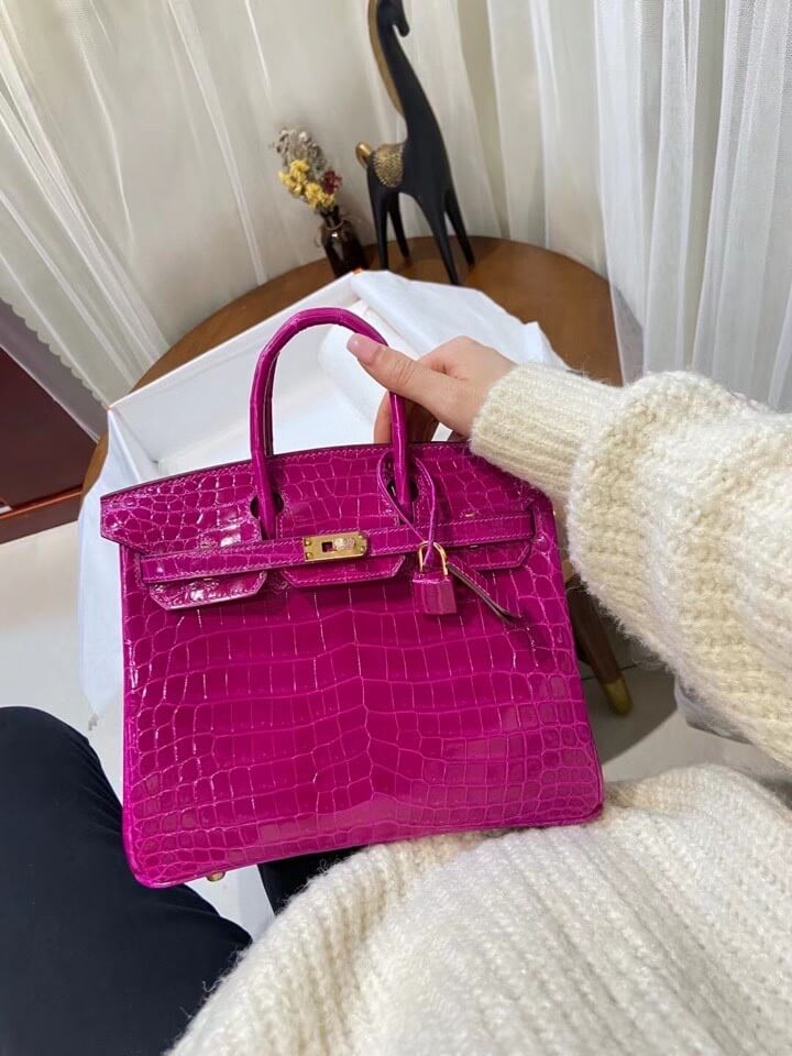 birkin 25 rose red real crocodile leather