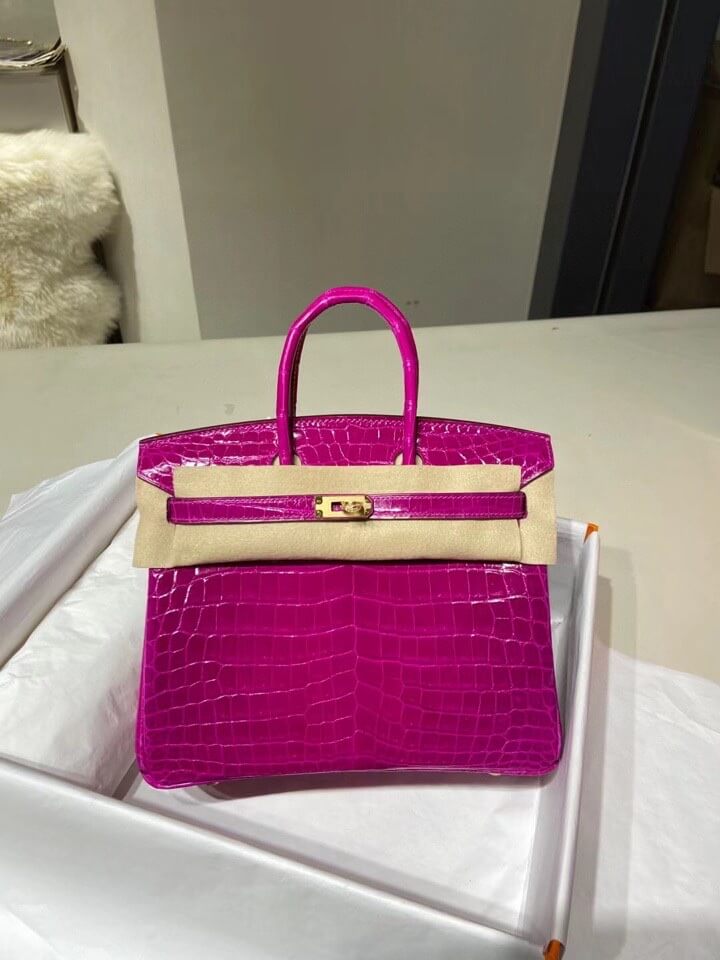 birkin 25 gold rose red crocodile leather