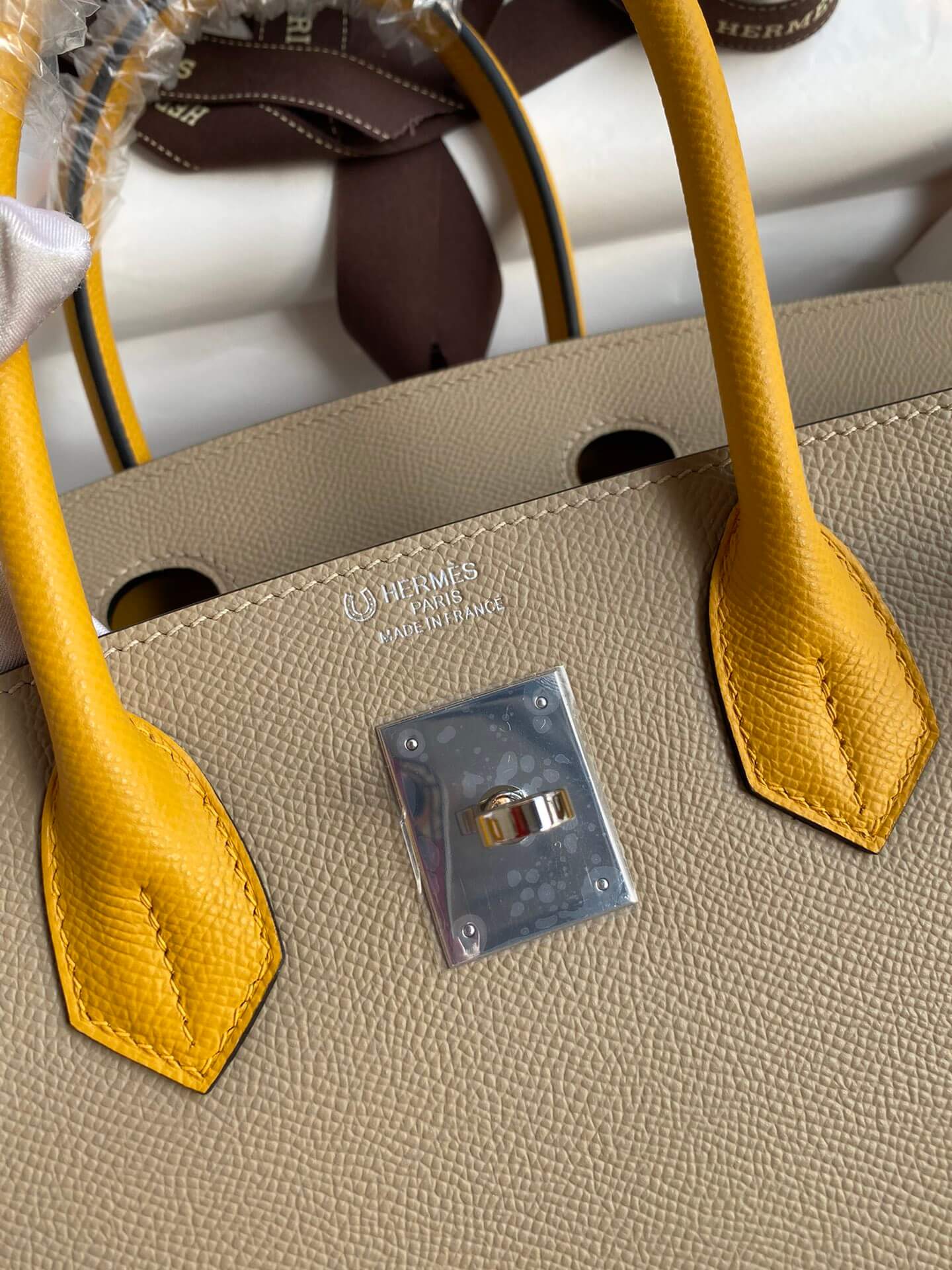 HM Birkin 30cm Epsom silver wax thread Windbreaker grey mix amber yellow