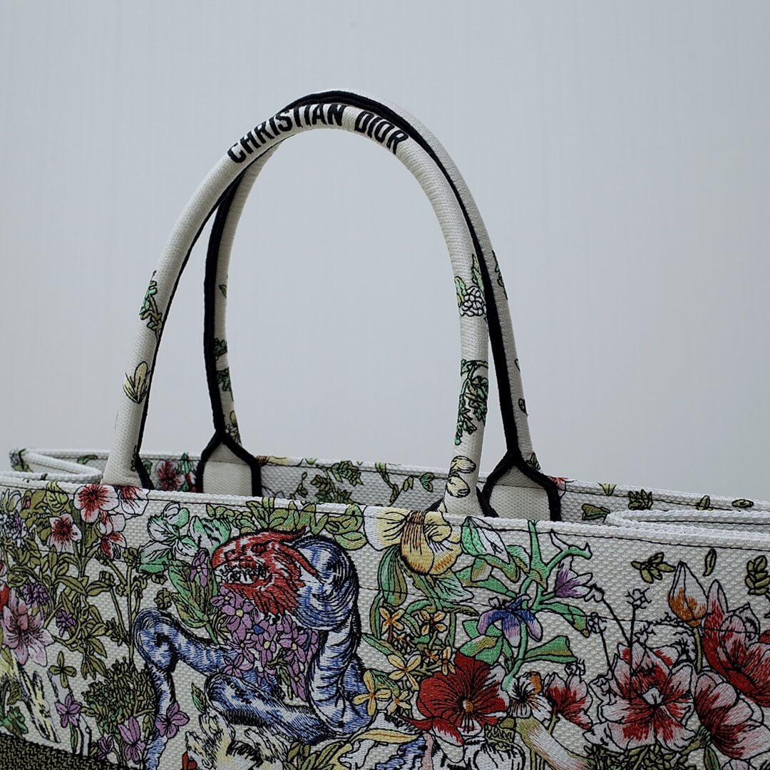 DO1286 Book Tote green WHITE blue BIG size 41.5cm 36.5cm Embroidery