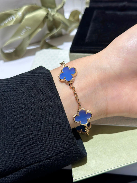 Five Flower Four Leaf Grass Blue Agate 18K Gold Bracelet Fashion SLFB008C09