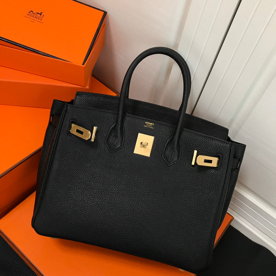 HM BIRKIN BAGS 30 TOGO LEATHER BLACK GOLD HARDWARE WAX THREAD HAND MADE