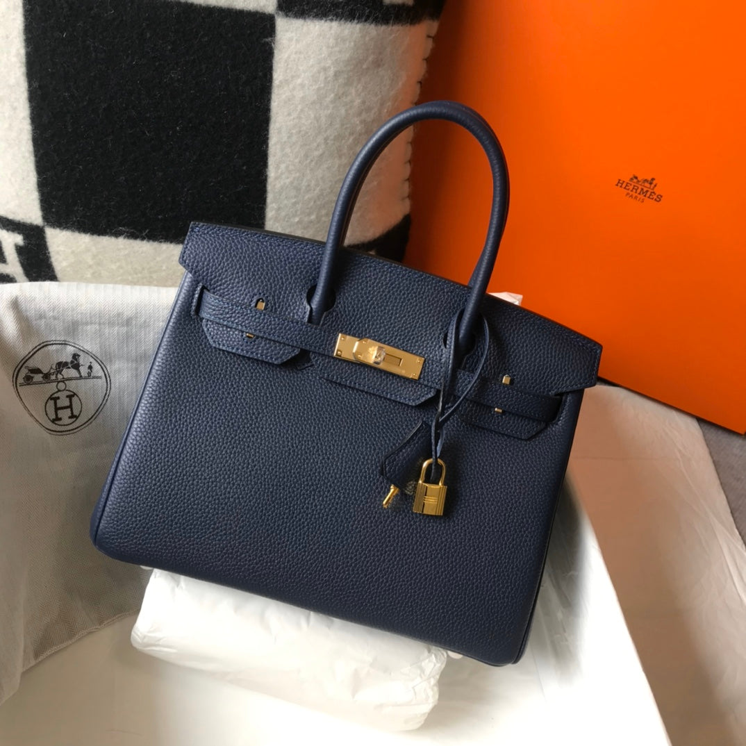 HM BIRKIN BAGS 30 TOGO LEATHER DARK NAVY BLUE GOLD HARDWARE