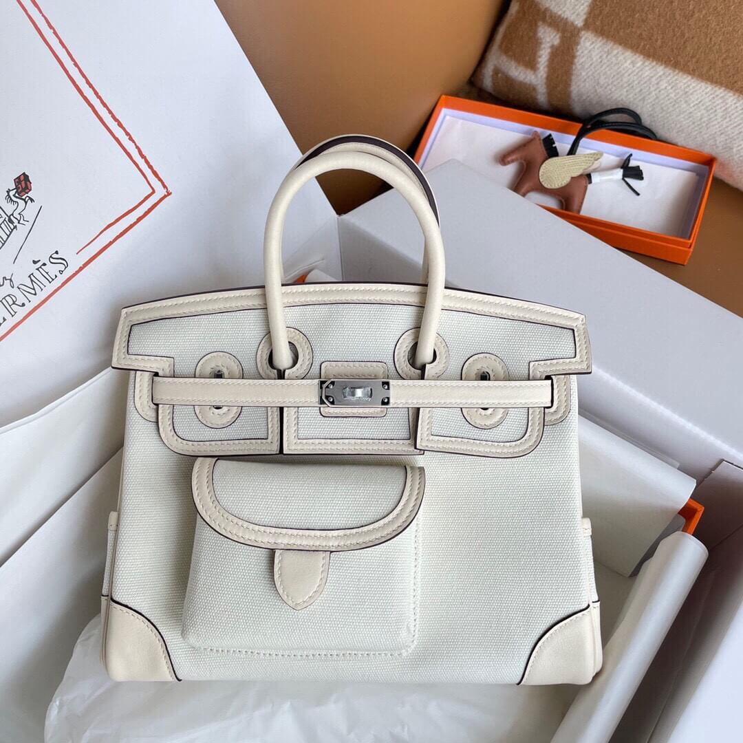 HM Birkin Cargo 25 canvas with swift leather White