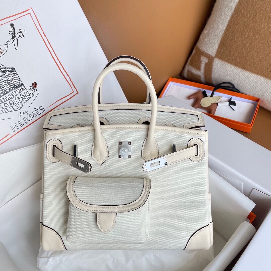 HM Birkin Cargo 25 canvas with swift leather White