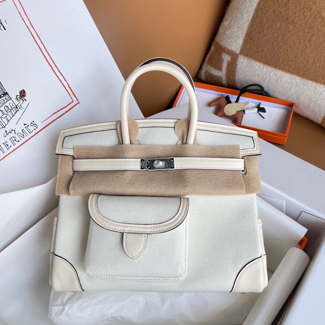 HM Birkin Cargo 25 canvas with swift leather White