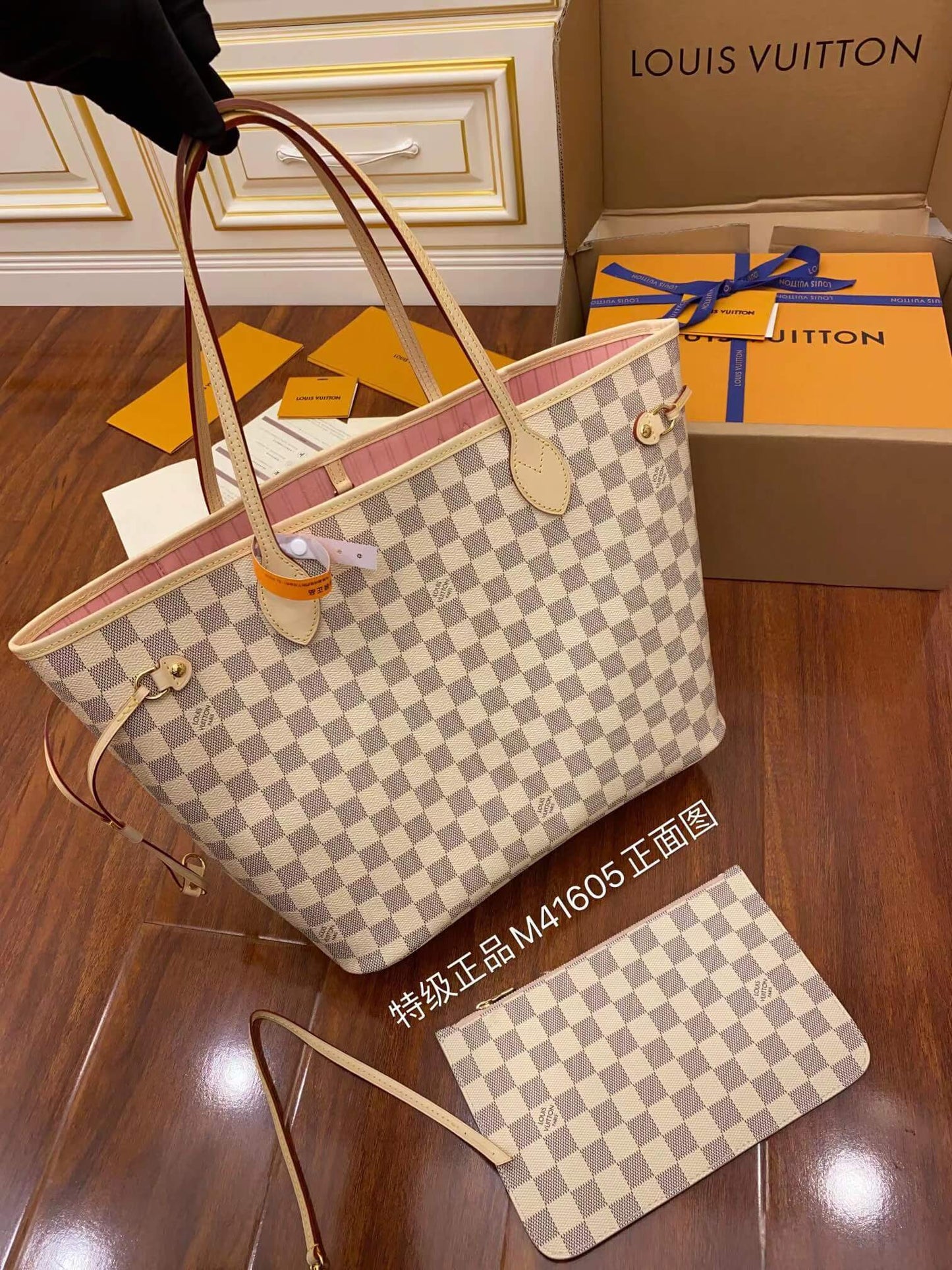 M41605 NEVERFULL MM Damier Ebene WHITE PINK INSIDE original quality