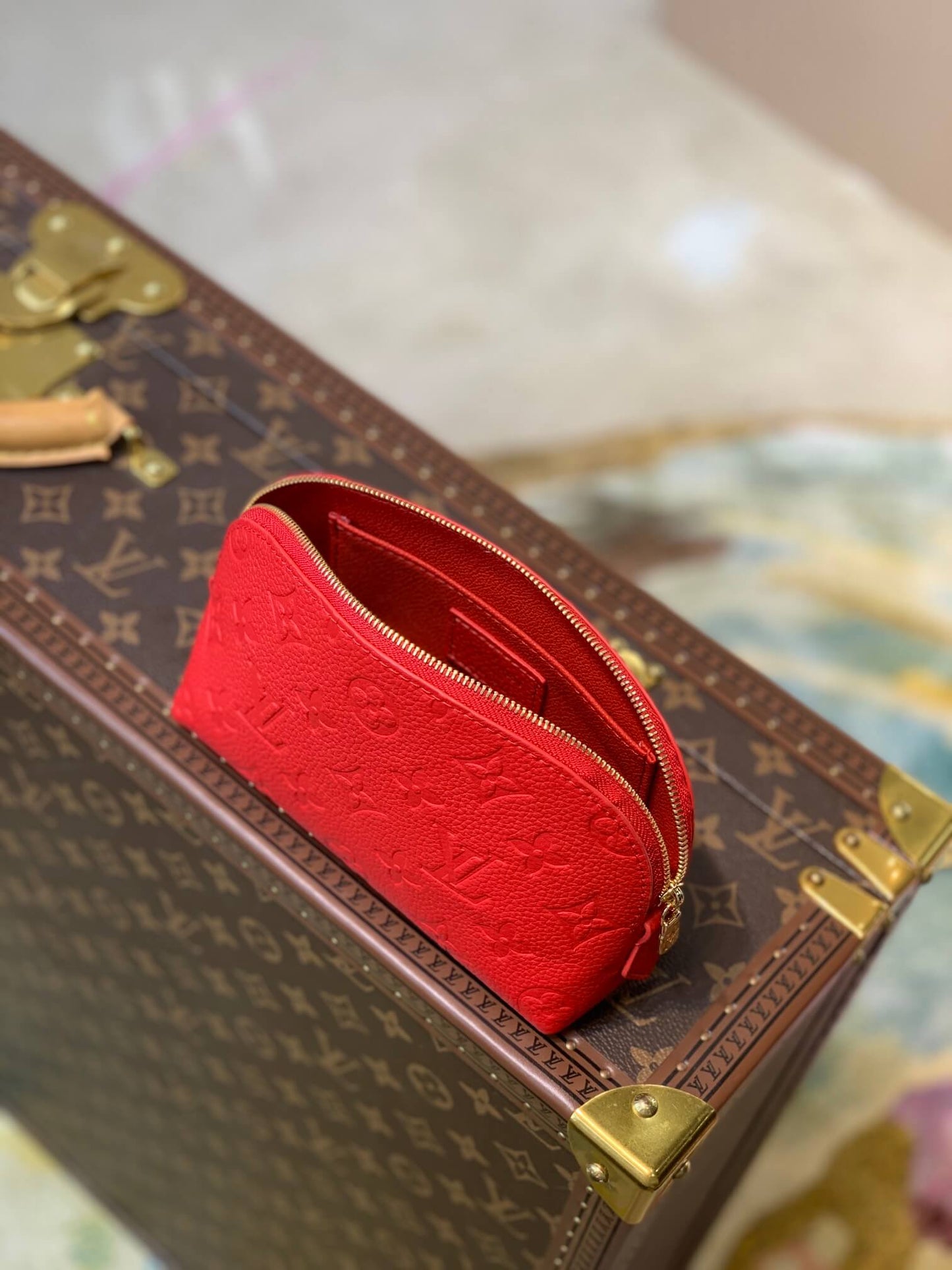 M47515 red Monogram 19cm Cosmetic Pouch COWHIDE REAL LEATHER