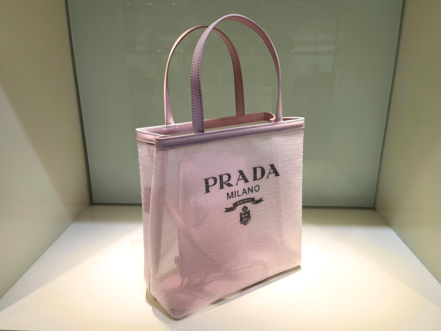 PRA Small Shiny grid mesh tote bag pink 1BG417