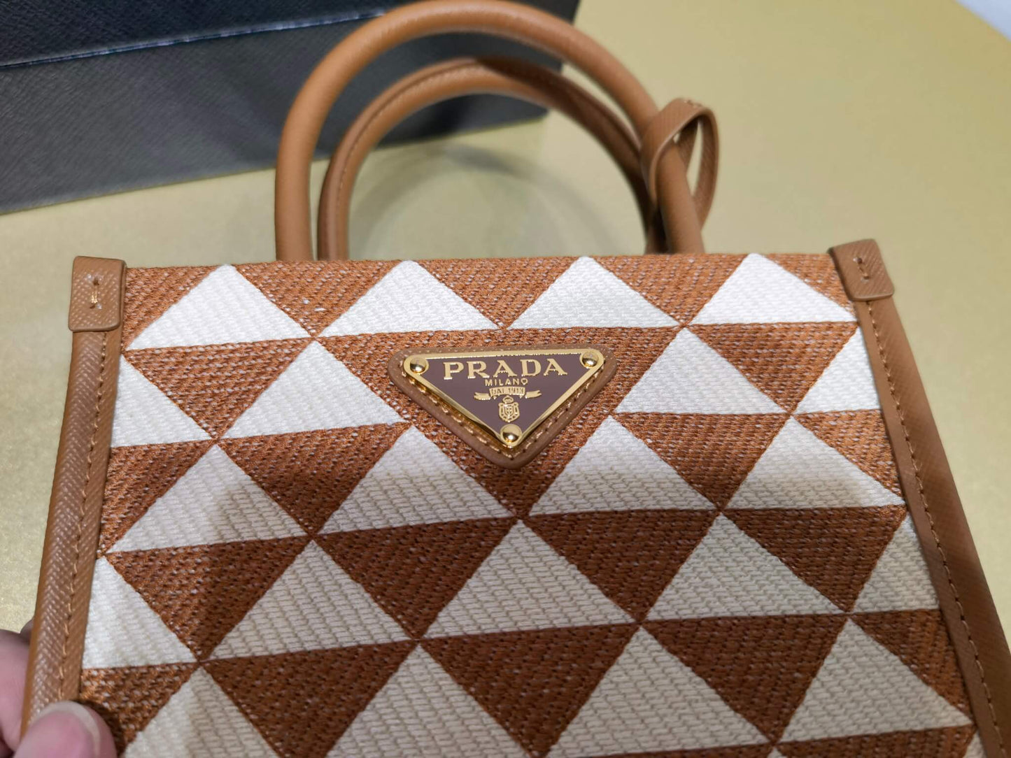 Prada Symbole embroidered jacquard fabric mini bag Tobacco Chalk white