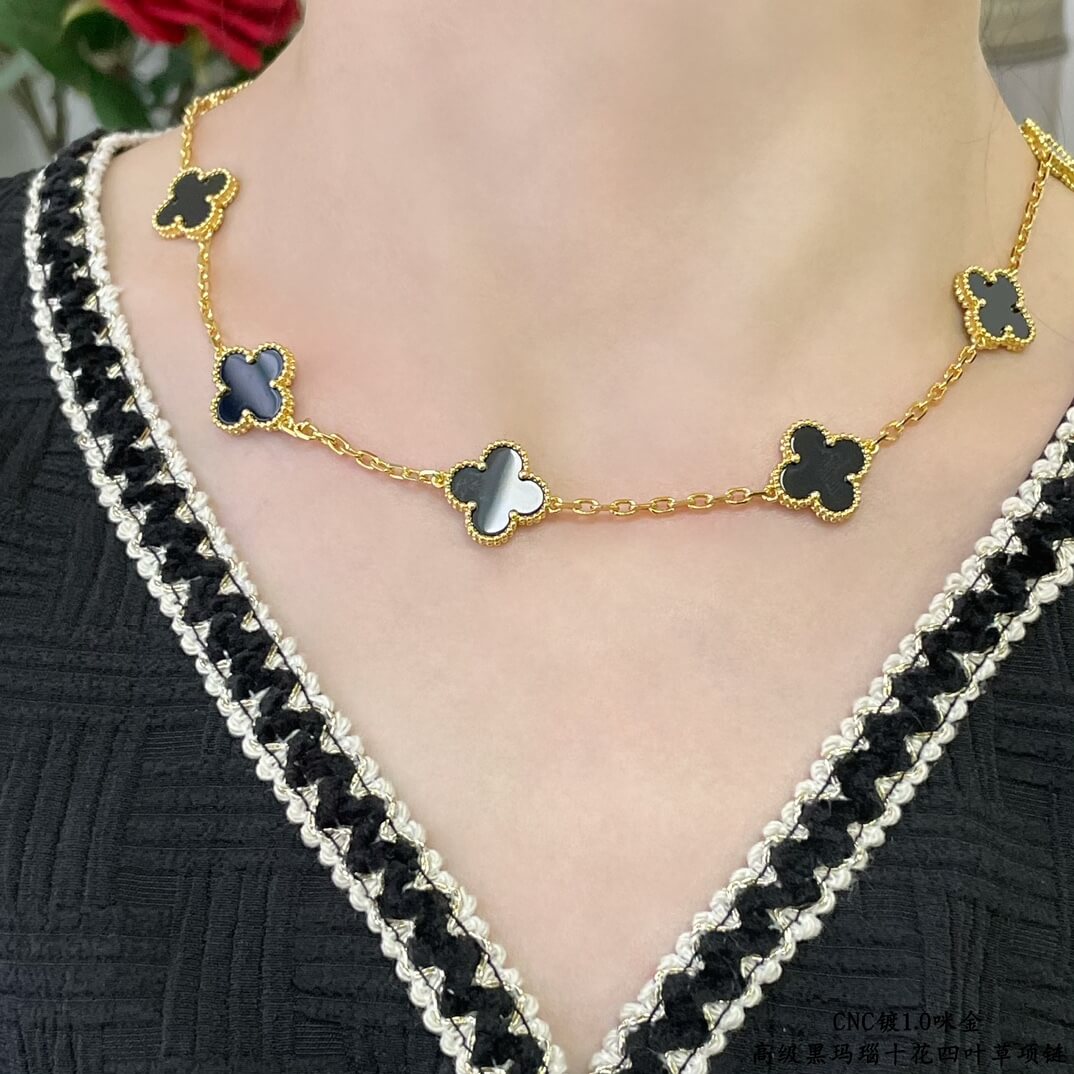 Premium Black Agate Ten Flower Four Leaf Grass Necklace with Collar Chain Versatile XL13168A28