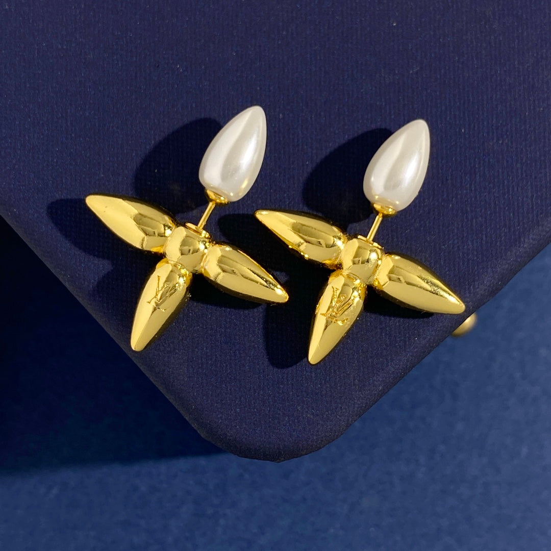 LOU Smooth metal texture Eearrings cross flower silver gold metal with pearl