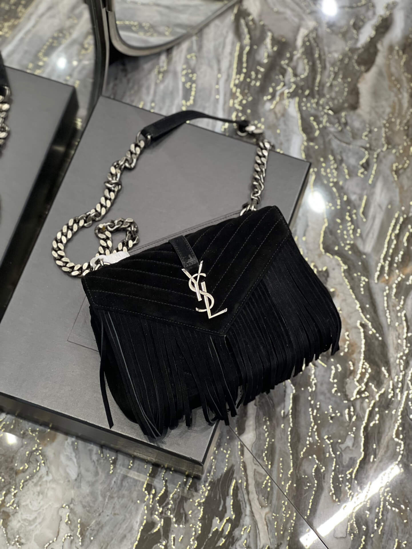 YSL 392737 COLLEGE MEDIUM CHAIN BAG IN LIGHT SUEDE WITH FRINGES black