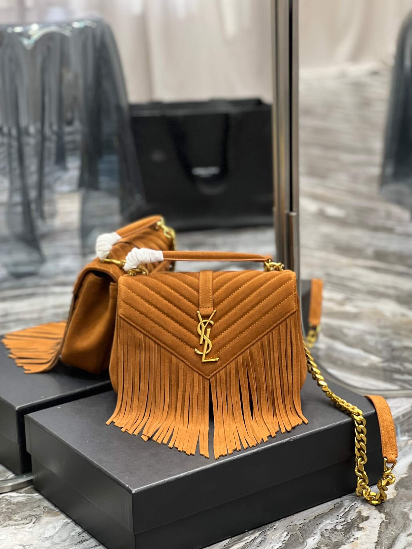 YSL 392737 COLLEGE MEDIUM CHAIN BAG IN LIGHT SUEDE WITH FRINGES brown