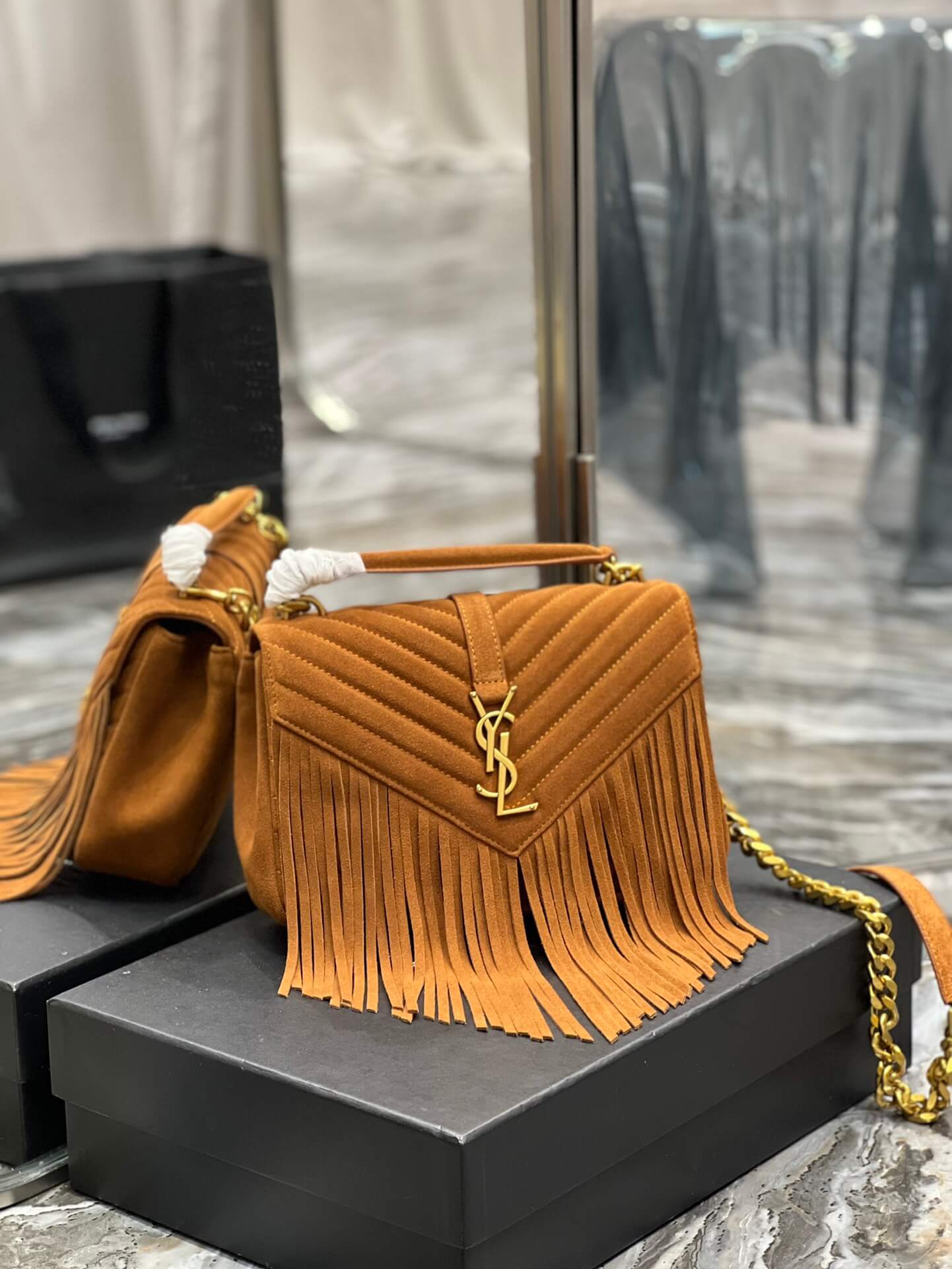 YSL 392737 COLLEGE MEDIUM CHAIN BAG IN LIGHT SUEDE WITH FRINGES brown