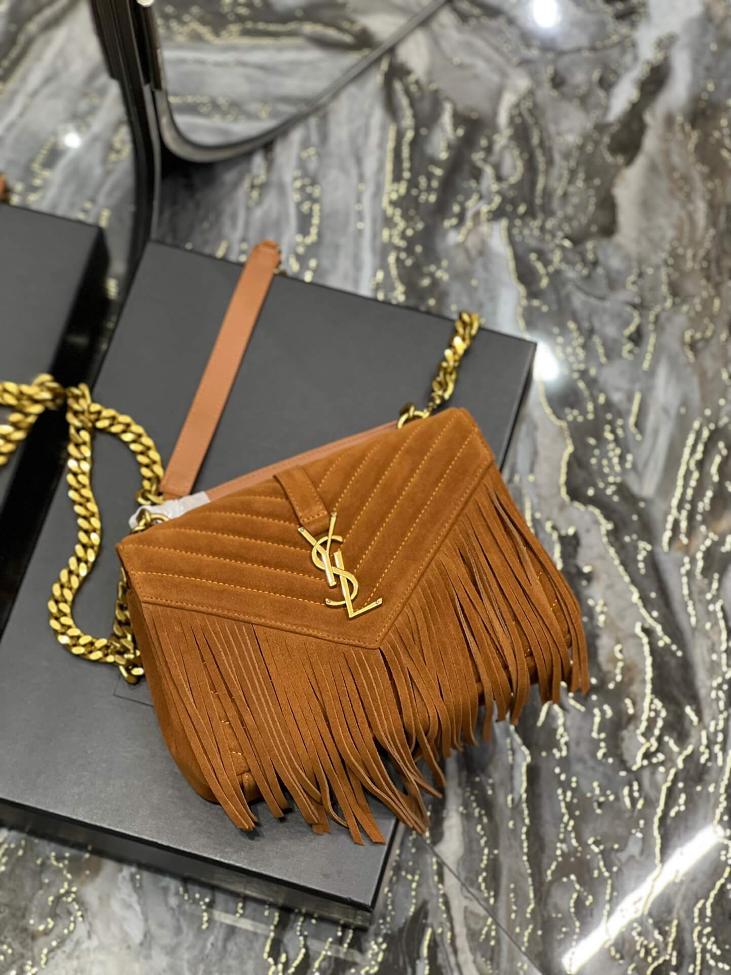 YSL 392737 COLLEGE MEDIUM CHAIN BAG IN LIGHT SUEDE WITH FRINGES brown