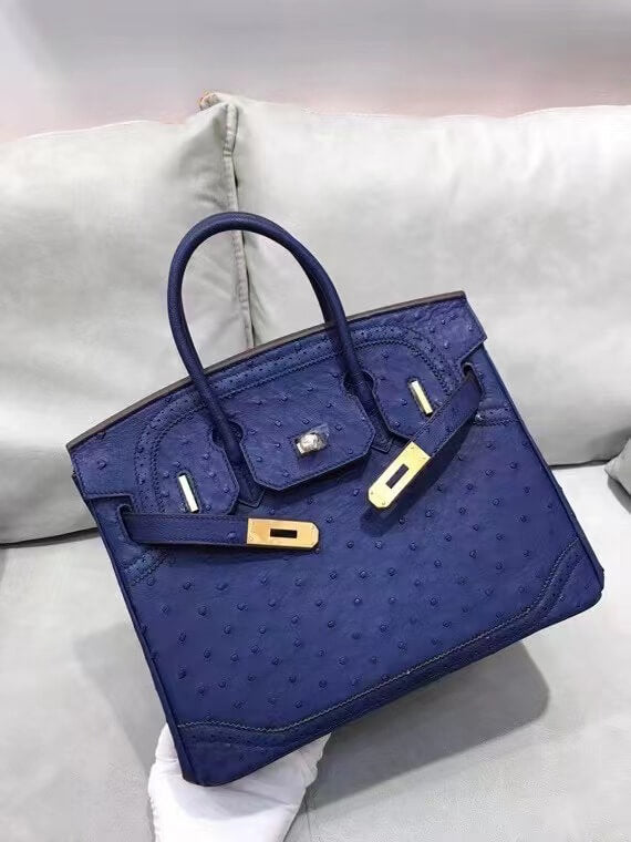 HM Birkin 30 real ostrich leather dark blue gold hardware wax thread handmade