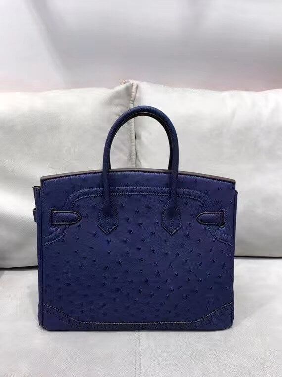 HM Birkin 30 real ostrich leather dark blue gold hardware wax thread handmade