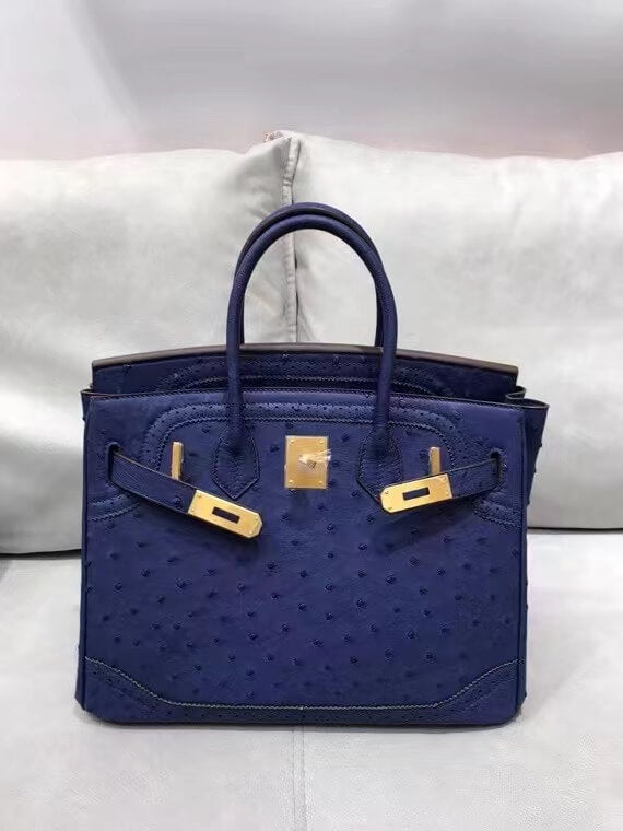 HM Birkin 30 real ostrich leather dark blue gold hardware wax thread handmade