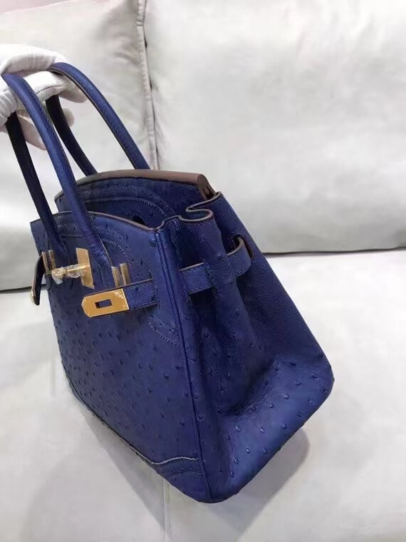 HM Birkin 30 real ostrich leather dark blue gold hardware wax thread handmade