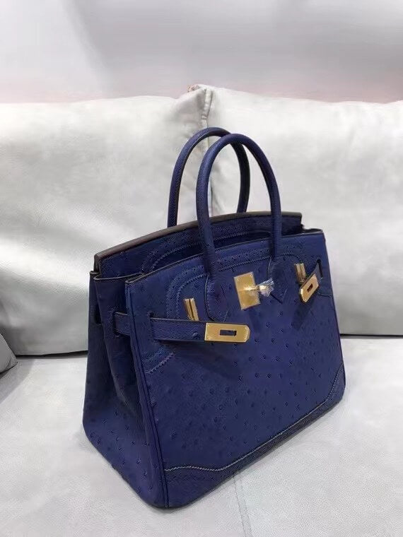 HM Birkin 30 real ostrich leather dark blue gold hardware wax thread handmade