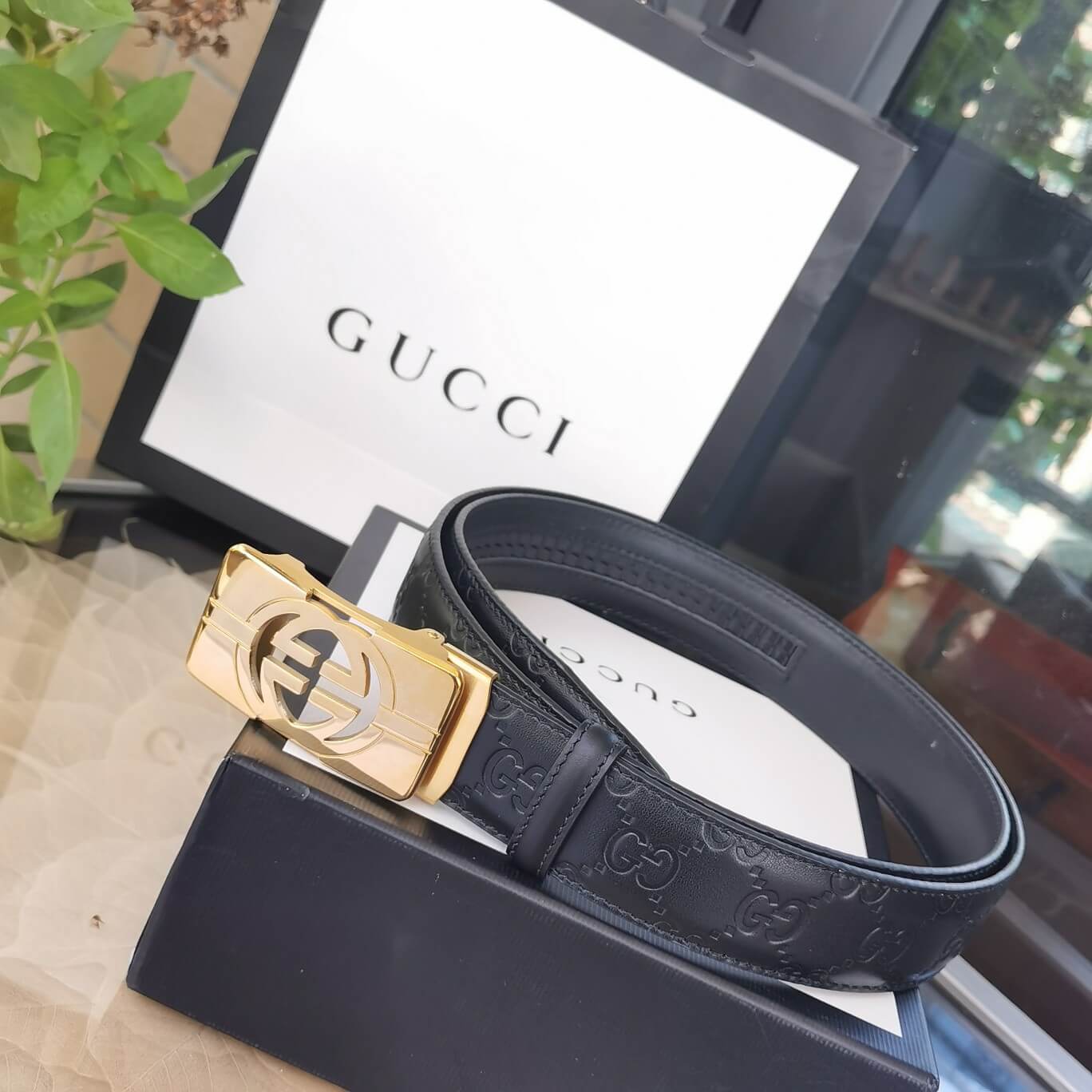 GC BELT Cowhide leather black gold buckle wide 3.4cm Automatic buckle