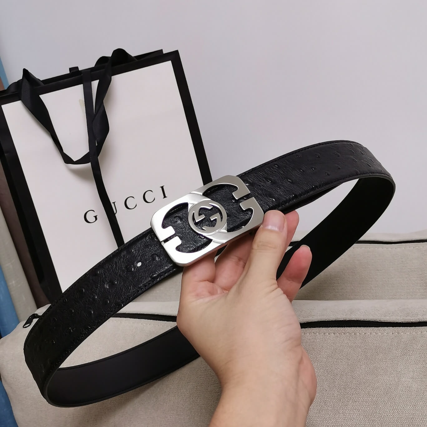 GC BELT Cowhide leather black Silver buckle wide 3.5cm Automatic buckle