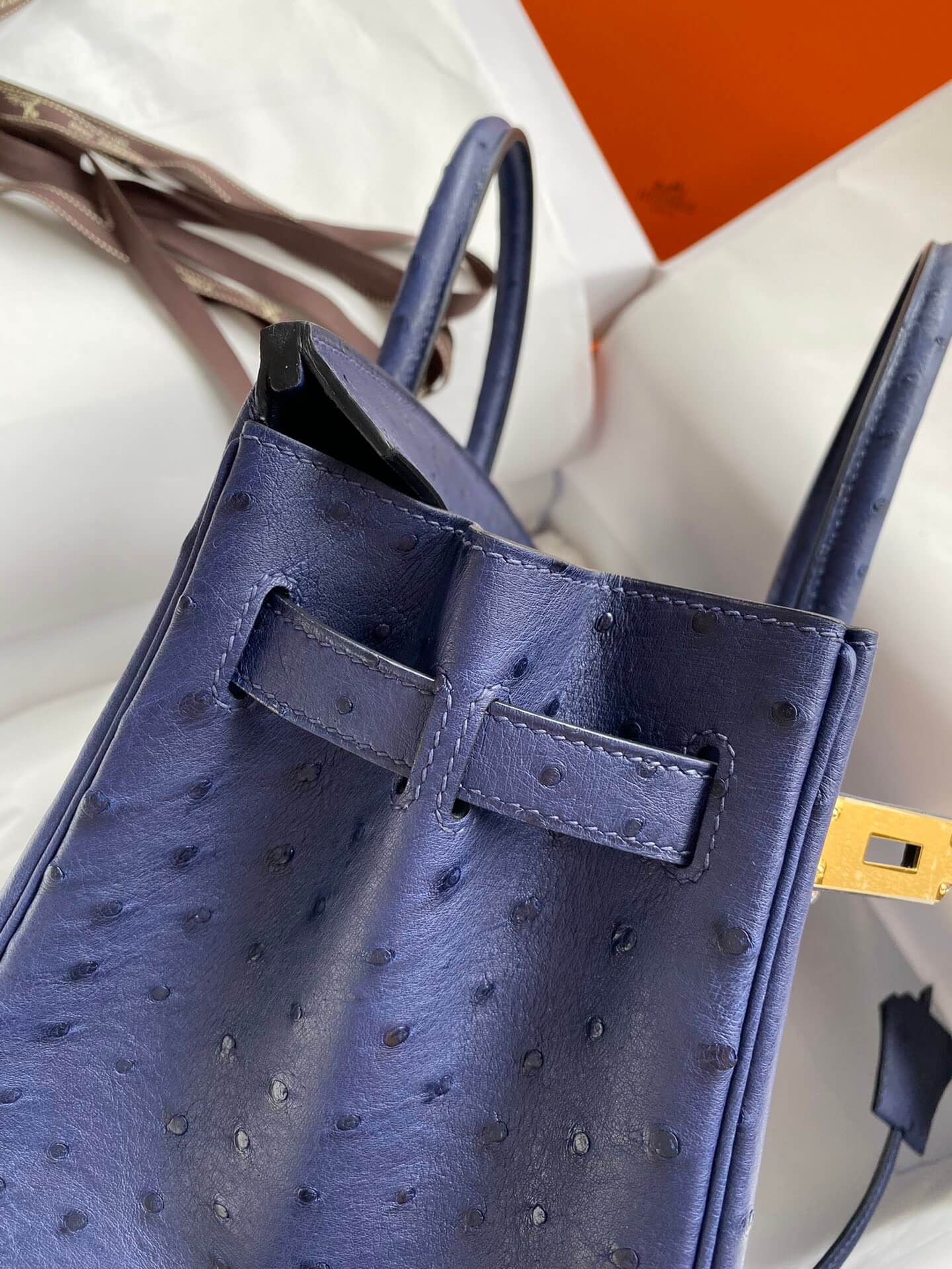 iris blue birkin 30 bag ostrich wax thread