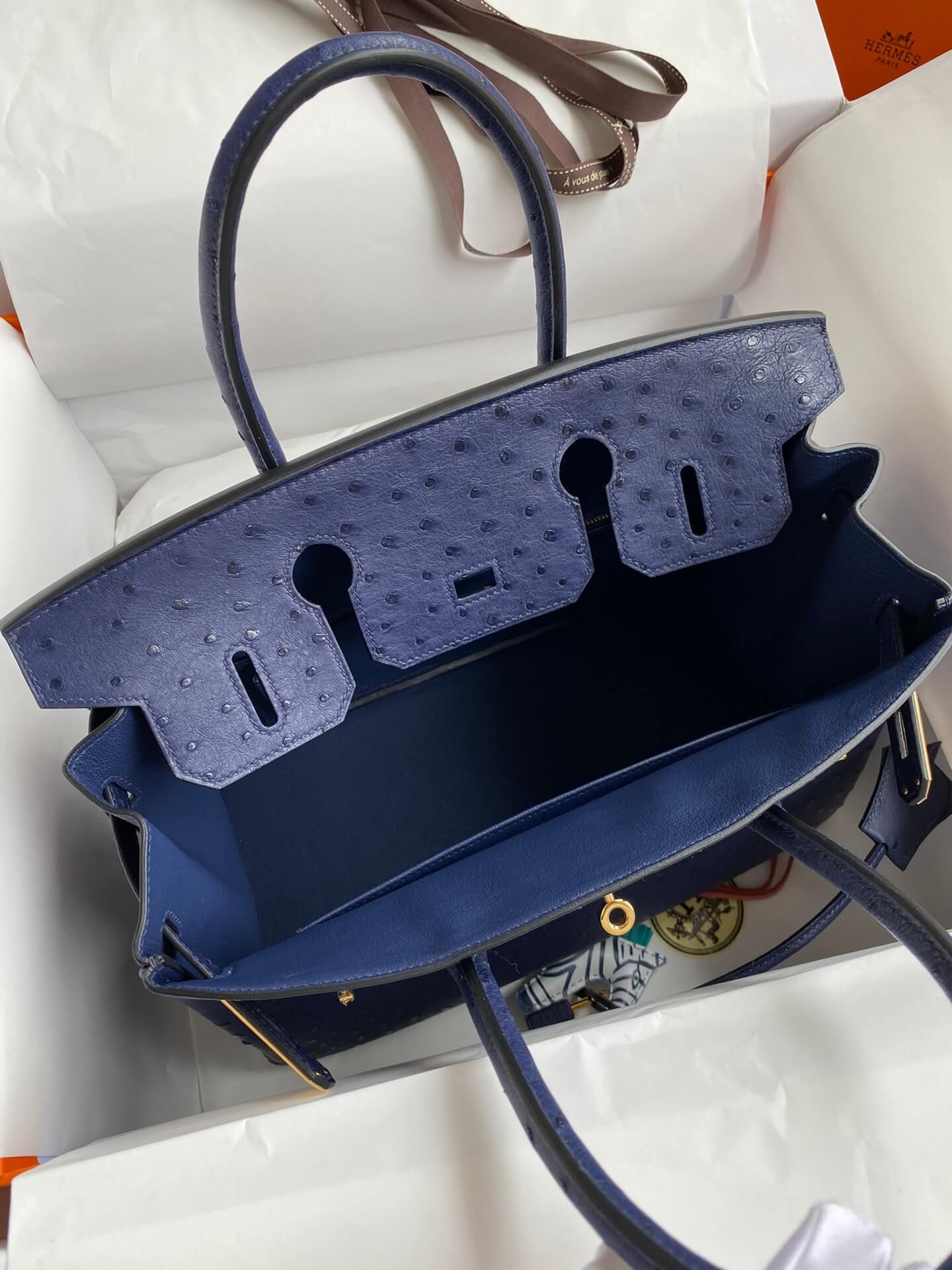 HM Birkin 30 bag Iris blue gold hardware South African Ostrich leather skin