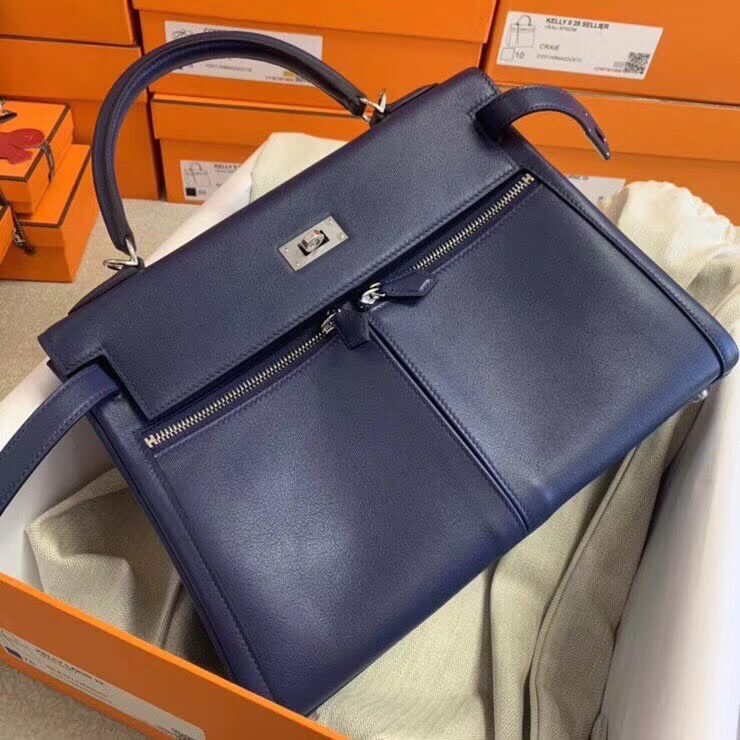 navy blue kelly bag 28  silver hardware