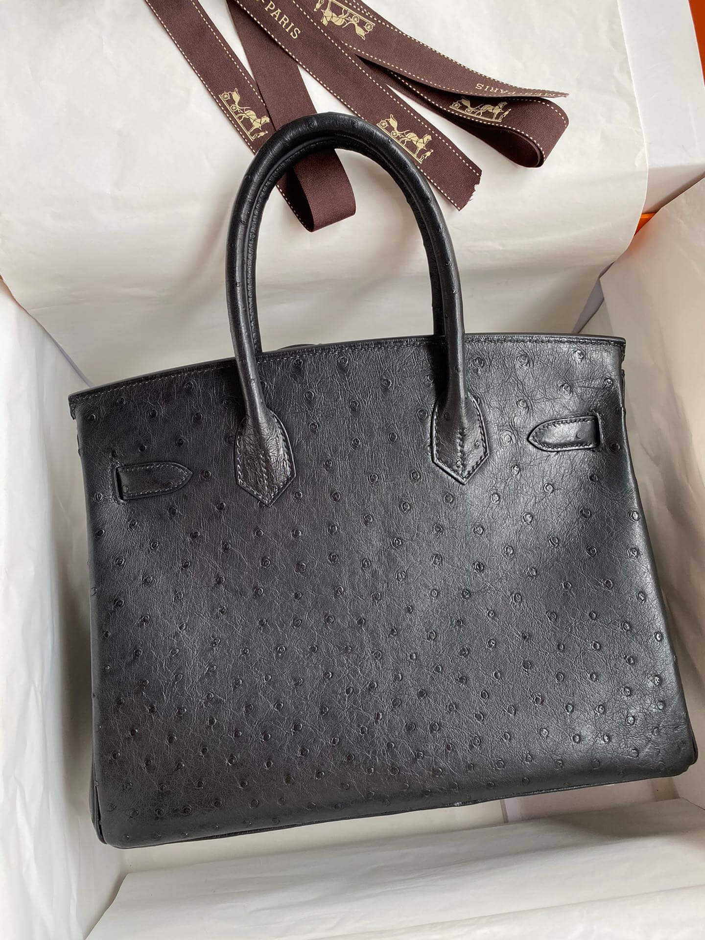 HM Birkin 30 bag black gold hardware South African Ostrich leather skin