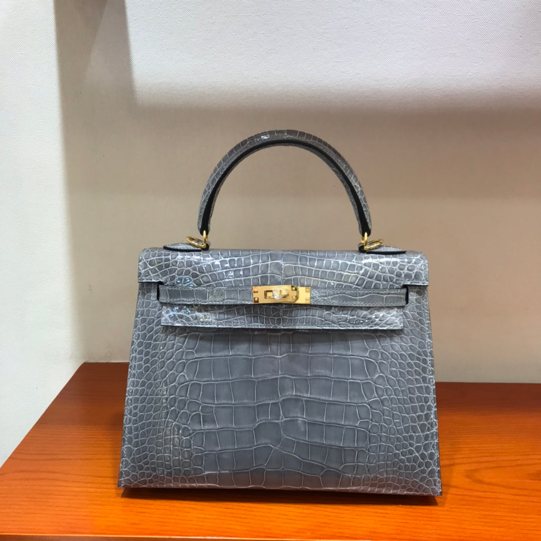 HM kelly real crocodile leather 25cm grey