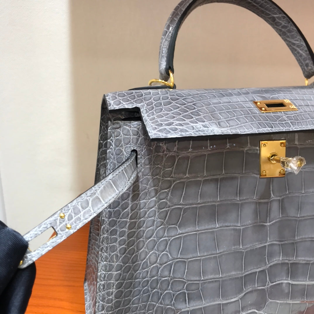 HM kelly real crocodile leather 25cm grey