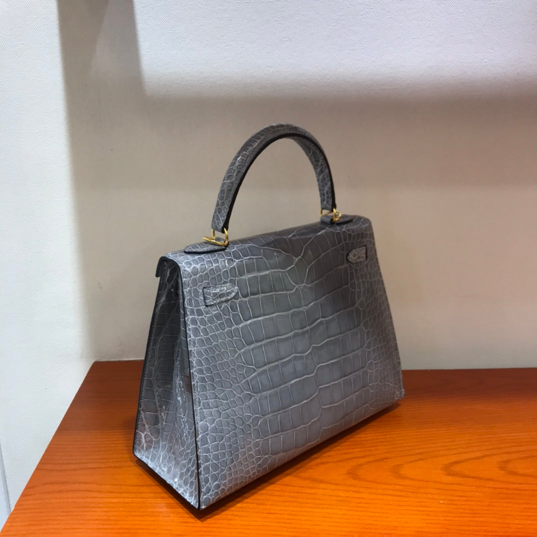 HM kelly real crocodile leather 25cm grey