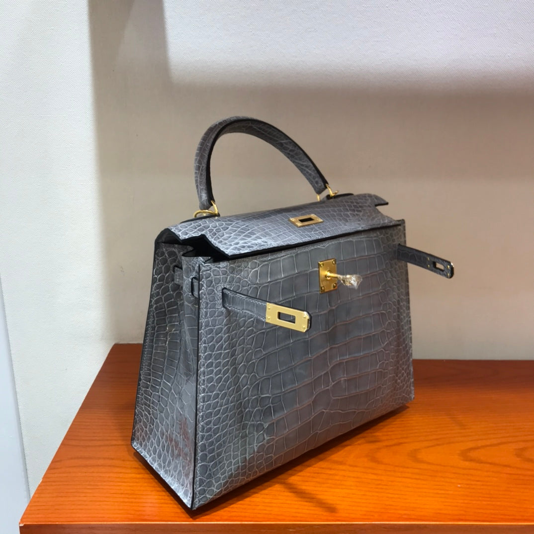 HM kelly real crocodile leather 25cm grey