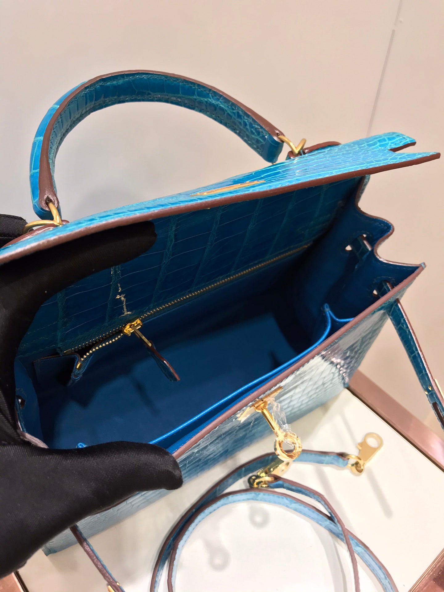 HM kelly real crocodile leather 25cm blue